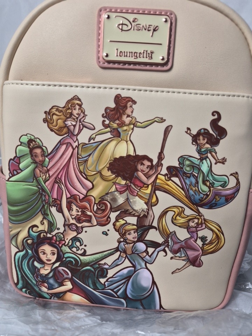 Disney Loungefly Cream & Pink  Princesses ARIEL CINDERELLA TIANA  Mini Backpack - Picture 2 of 9